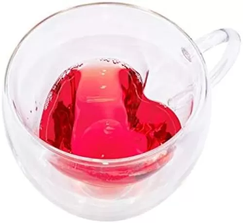 Tea Cup Heart Shaped Double Wall Insulated Clear Glass Tea and Coffee Cup 8.5 Ounces