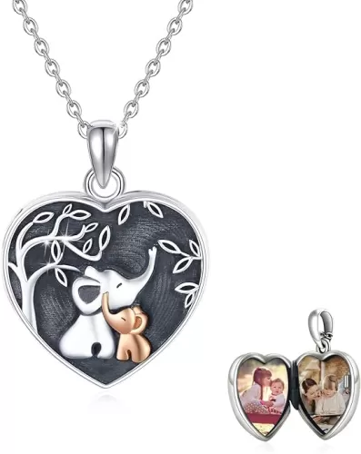 TUGHRA Heart Locket Necklaces That Holds Picture Sterling Silver Elephant Locket Pendant Necklace Photos Jewelry Gifts for Women Teen Mom Daughter Birthday