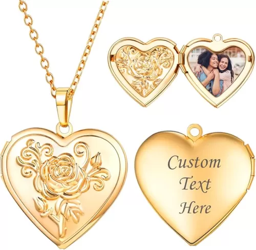 U7 Personalized Picture Necklaces for Women Girls, Platinum/Gold Plated Lockets with 18 Inch Chain, Custom Photo & Text Flower Heart/Round Shape Locket Necklace Pendant Valentines/Mother Gift