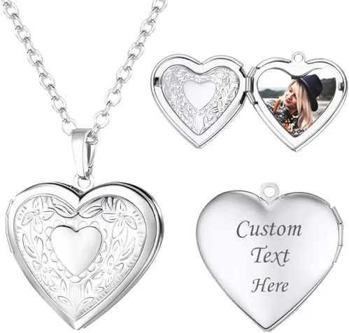 U7 Women Locket Necklace Platinum 14K Gold Photo Lockets that Hold Picture, Chain 20 Inch Personalized Gift Custom Love Heart Image Necklaces
