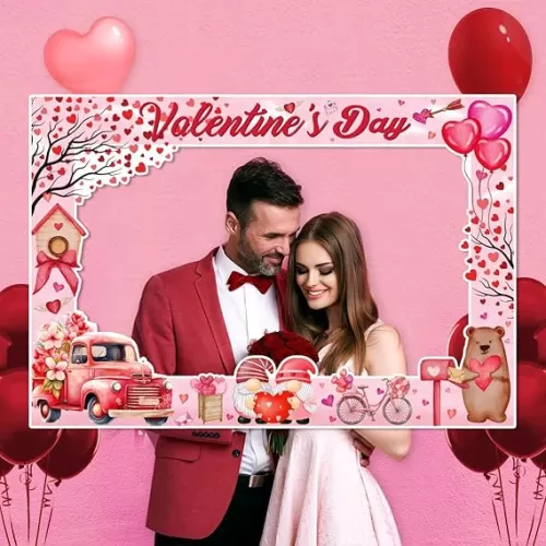 Valentine Day Photo Prop Frame Pink Heart Selfie Photo Booth Picture Frame and Props Valentine Day Festival Party Decoration Supplies