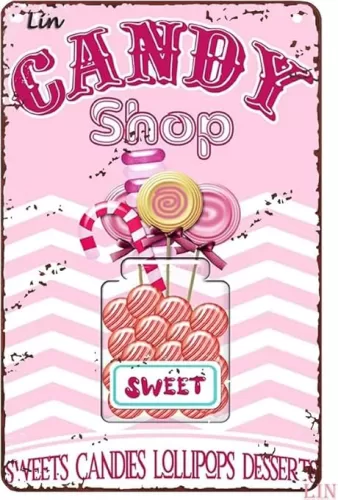 Valentines Day Decor Candy Shop Sweets Candies Loollipops Desserts Vintage Pink Heart Wall Metal Funny Iron Plaque Signs Gift for Room Office 8x12 Inch