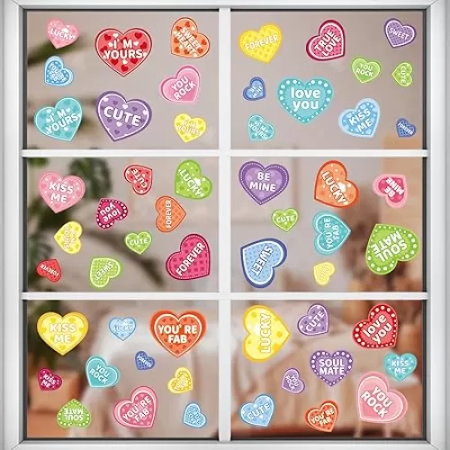 Valentines Day Window Clings for Glass, 9 Sheets Valentine's Day Double-Sided Window Cling Stickers for Office Decorations, Valentine Colorful Heart Clings Decals for Indoor Home Shop Kitchen Decor