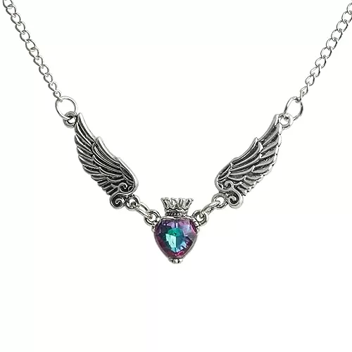 Vintage Princess Queen Crown Heart with Wings Pendant Necklace Valentine's Day Jewelry for Women
