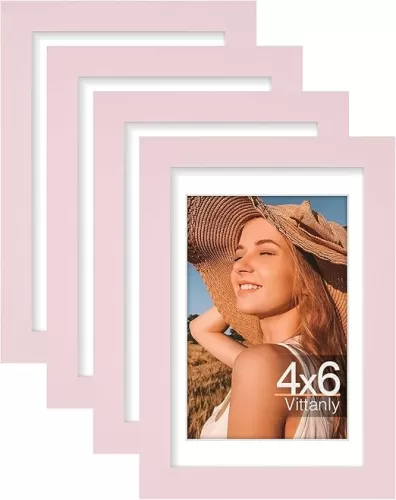 Vittanly 4x6 Picture Frame Set of 4, Display Pictures 3.5x5 with Mat or 4x6 without Mat, Small Photo Frames for Wall or Tabletop Display, Engineered Wood with Shatter Resistant Plexiglass, Pink