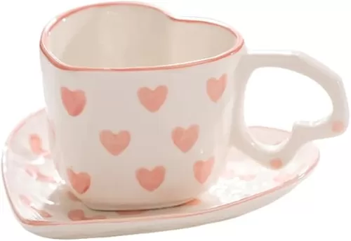 WAIT FLY Heart Shaped Ceramic Coffee Mug Set with Saucer, Tea Cup, Breakfast Cup, Dessert Plate-Pink-8 OZ