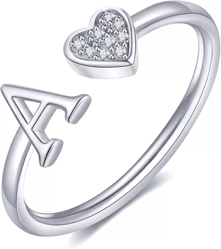 WFYOU Heart Initial Ring for Women Silver Rose Gold Plated Heart Capital Letter Initial Ring Stackable Rings for Women Adjustable Alphabet Letter Rings Jewelry Gifts
