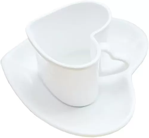 Mozacona White Ceramic Heart Shape Small Teacup Coffee Mug with Saucer Set,100ml