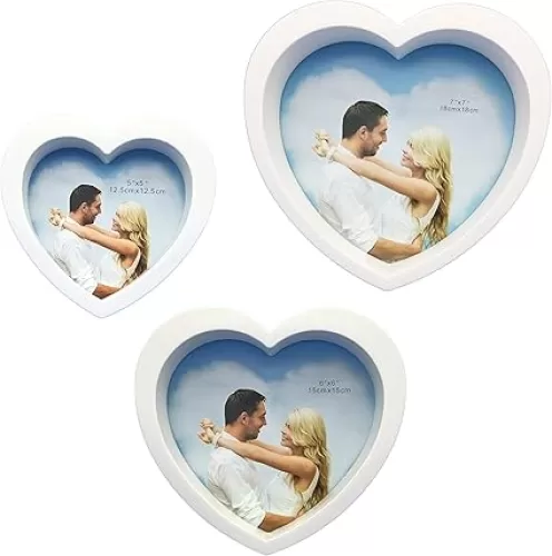 White Heart Picture Frames Set of 3. 5x5, 6x6, 7x7 inch. Plastic Frame, Plastic Film. Only for Wall.