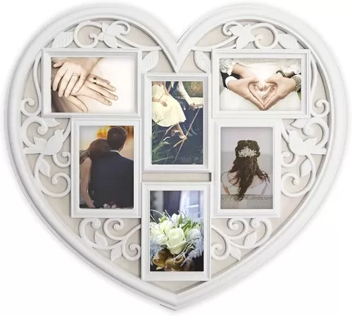 White Wall Large Hanging Heart Shape Collage Picture Frame 6 Opening 4" x 6"