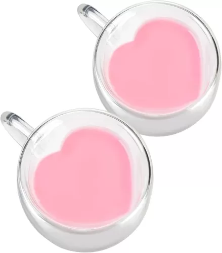 WHJY Double Wall Glass Coffee Mugs，Clear Coffee Cups Clear Unique Coffee Cups Heart Shaped Mug 5 oz Espresso Cups Heart Mugs Set of 2
