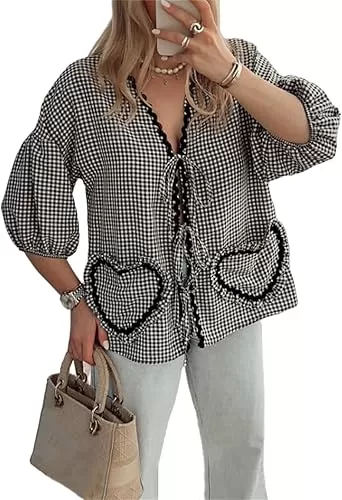 Women Y2k Love Heart Embroidery Peplum Blouse Puff Sleeve Tie Front Plaid Shirt Teen Girls Cute Summer Shirt