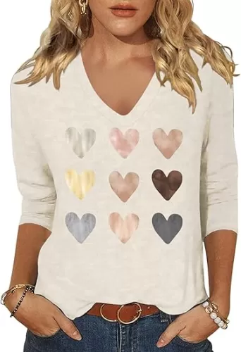 Womens 3/4 Sleeve V Neck Valentine T Shirts Love Heart Printed Graphic Tee Tops
