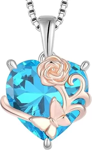 YL Women's Heart Necklace Sterling Silver Butterfly Pendant Rose Flower Birthstone Jewelry