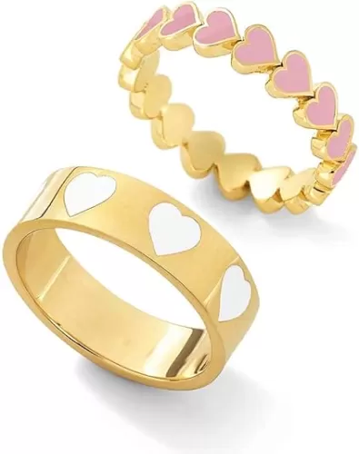 YOOESTORES82 2PCS Colorful Heart Ring Gold Band Rings Set for Women Couple Cute Love Heart Plain Stackable Finger Rings Wedding Preppy Jewelry Gift