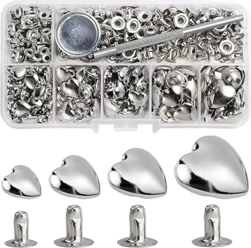 YORANYO 150 Set Mixed Size Rivets Kit - Silver Heart Studs for Clothing, Fabric & Leather Crafting - Rivet Tool for Jackets, Shoes, Bags, Belts & Purse