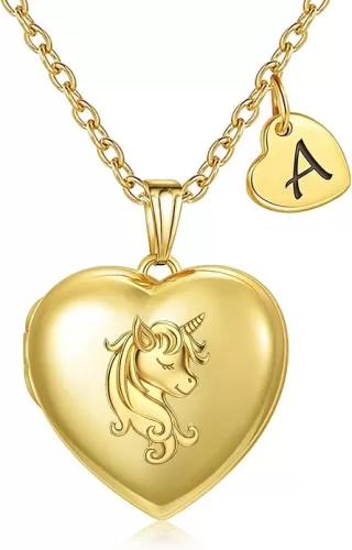 YOUFENG Heart Letter Unicorn Locket Necklace Initial Locket that Holds Pictures 18K Gold Plated Locket Birthday Gifts