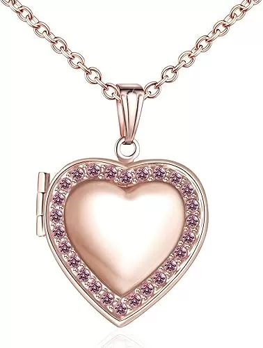 YOUFENG Love Heart Birthstones Locket Necklace Holds Pictures Paved Blue Red White CZ Rose Gold Living Memory Photo Lockets