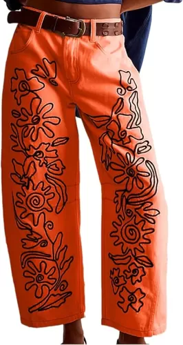 YSW Embroidered Mid Rise Jeans for Women Baggy Boyfriend Jean Boho Barrel Horseshoe Vintage Pants