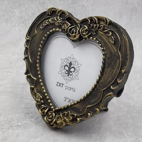 ZXT-parts 3x3 Picture Frame Heart Black and Gold Edge Frame. Resin Handmade Photo Frame. Glass Panel. Black Suede Cover.European Style Suitable for Wall or Desktop.