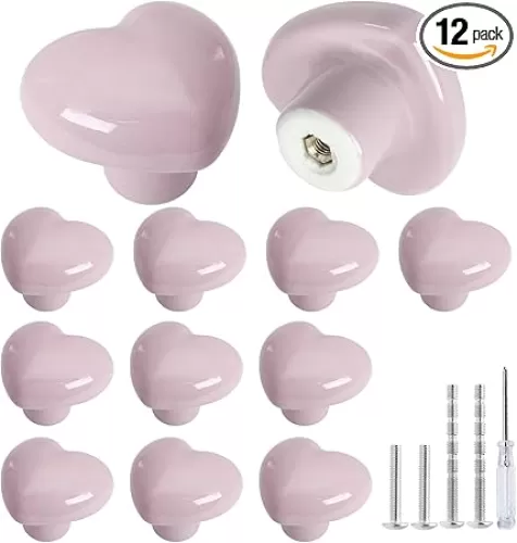 12pcs Ceramic Cabinet Knobs Light Pink Drawer Knobs, Heart Shaped Dresser Knobs Cute Kitchen Cabinet Pull Handles, Small Vanity Knobs Hardware Closet Cupboard Knobs for Kids Girls Bedroom