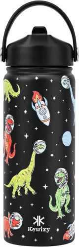 18 oz Insulated Water Bottle with Straw, Leak Proof, Cup Holder Fit, Stainless Steel with Flip Straw and Handle, Reusable, Metal, for Travel, Gym and School (Dinosaur)
