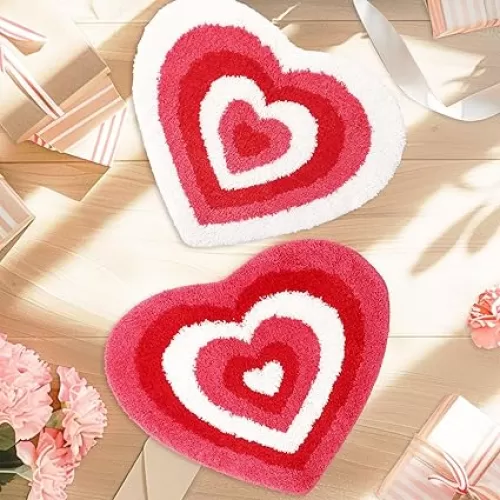 2 Pcs Valentine Heart Bath Mat Pink Red Heart Shaped Bathroom Rug Non Slip Absorbent Tufted Shower Rug Front Door Mat for Home Room Entrance, 19.6 x 23.6 Inch