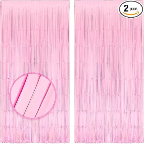 2PCS Pastel Pink Foil Fringe Curtain Girl Party Decorations - 3.3X8.2ft Light Pink Party Photo Backdrop Party Streamers for Birthdays Christmas Valentines Easter Party Supplies