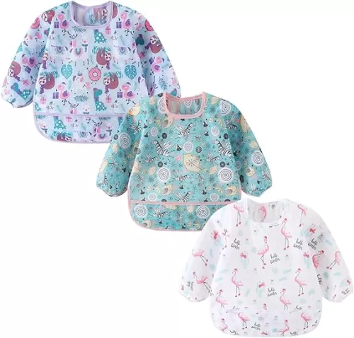 3 Pack Long Sleeve Bib, Baby Smock for Eating 6-30 Months Reusable Shirt Bibs for Babies Toddler