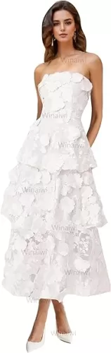 3D Floral Embroidery Prom Dresses Strapless Ruffle Tiered Midi Formal Dress Tea Length Wedding Guest Dress