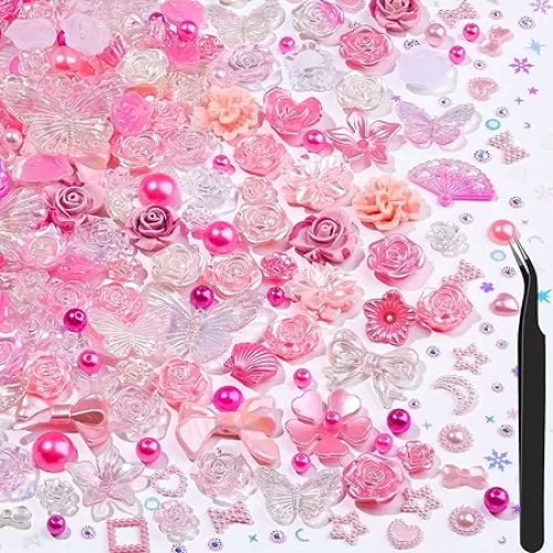 450PCS Resin Flower Beads Kit - 900 Sunflower Rhinestones & 3D Butterfly Charms, 2mm Hole DIY Jewelry Making Supplies for Phone Case Decor/Shoe Accents with Pearls (Pink)