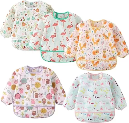 5 Pack Long Sleeve Bib, Baby Toddler Waterproof Sleeved Bib for 6-30 Months Reusable with Catch-all Pocket