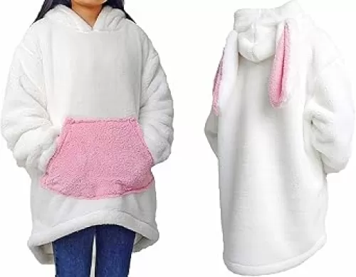 acdiac Fluffy Animal Blanket Hoodie, Unisex Bunny/Bear Ear Sweater Top Plush Shape Home Long Coat Pullover