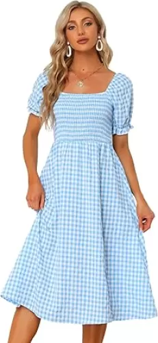 Allegra K Midi Dress for Women's Smocked Front Tie Back Checks Gingham Dresses