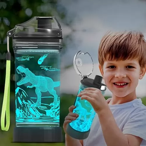 Ammonite Dinosaur Water Bottle for Kids with 3D Glowing LED Light - 14 OZ Tritan BPA Free - Creative Ideal Travel Cup Dinosaur Jurassic Gift for School Kid Boy Child Holiday Camping Picnic