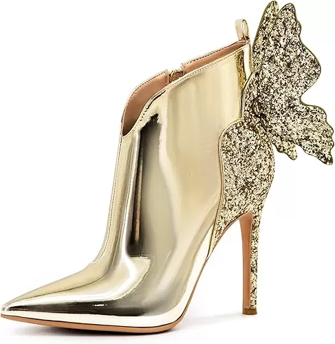 Ankle Boots Back Butterfly Sexy Pointed Toe Stiletto Booties Sparkly High Heels Dress Shoes for Women