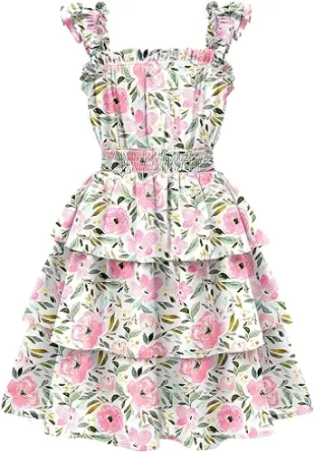 Arshiner Girls Dresses Ruffle Flutter Sleeve Summer Floral Tiered Casual Party Dress for 6-14 Y