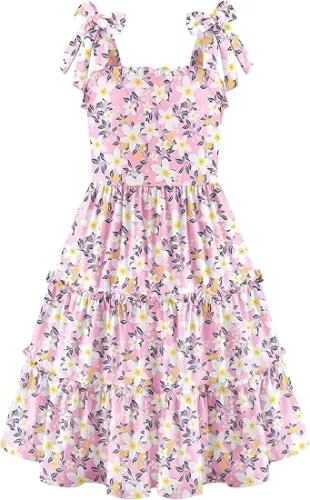 Arshiner Girls Summer Dress Tween Boho Casual Bowknot Strap Sleeveless Swing Flowy Ruffle Tiered Sundresses with Pockets
