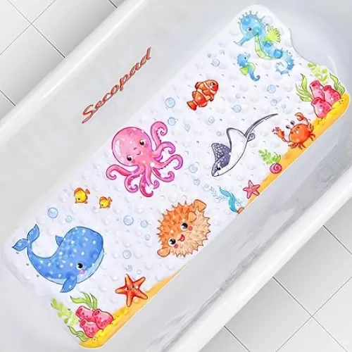 Baby Bath Mat for Tub for Kids, 40in x 16in Non Slip Cartoon Bath Tub Shower Mat Anti Slip with Drain Holes and Suction Cups Machine Washable, Pink Octopus