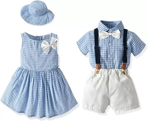 Baby Boy Girl Brother and Sister Matching Outfits, Plaid Floral Sleeveless Bowtie Dress+Shorts 2Pcs Clothes(Sky Blue Boy, 100/3T)