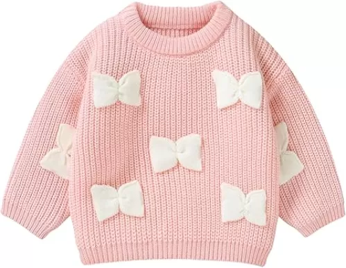 Baby Girl Knit Sweater Cute Bow Chunky Knitted Pullover Sweatshirt Toddler Girls Fall Winter Clothes