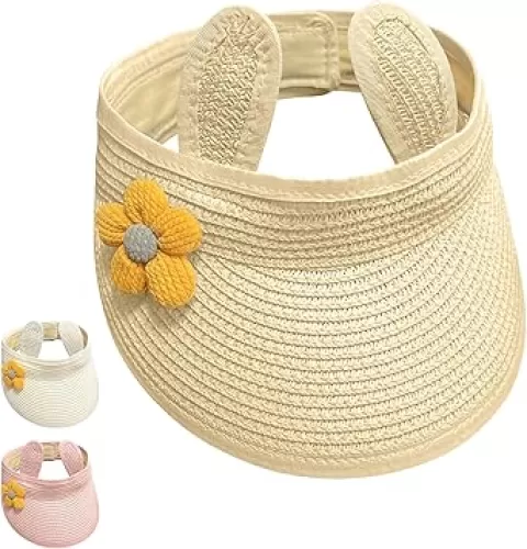 Baby Girls Roll-up Straw Hat Infant Cute Flower Open Top Visor Hat Summer Beach Sun Protection Cap Adjustable
