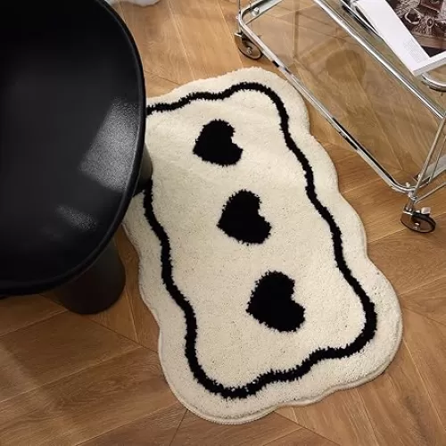 Bathroom Modern Rugs Non-Slip Black with White Mats Funny Heart Design Washable Bath Rugs Microfiber (WhiteB-Single Heart, 2