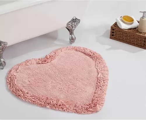 Better Trends 30” Heart Shaped Rugs 100% Cotton Soft Non Slip Doormat Washable Water Absorbent Rugs for Home Entrance Bathroom Shower Floor Decor, Pink Shaggy Border Collection