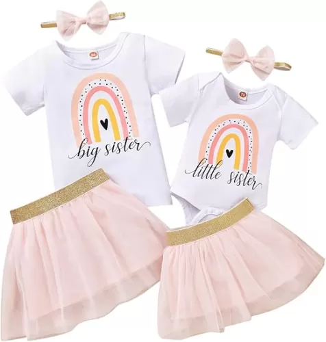 Big Sister Little Sister Matching Outfits Baby Girl Romper/Toddler Girl T-shirt Tops with Tutu Skirt Clothes Set