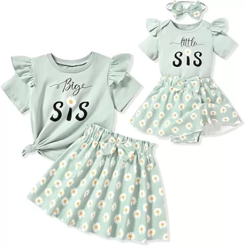 Big Sister Little Sister Matching Outfits, Toddler Baby Girl T-shirt/Romper Skirt Clothes Set