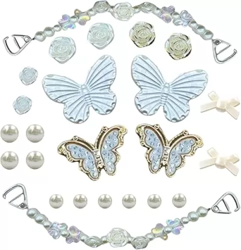 Bling Shoe Charms for Women, Bling Pearl Chain Shoes Accessories for Women Girls Cute Shoe Decoration Charms Butterfly Flower DIY for Birthday Gifts Party Favors (24 Pcs)