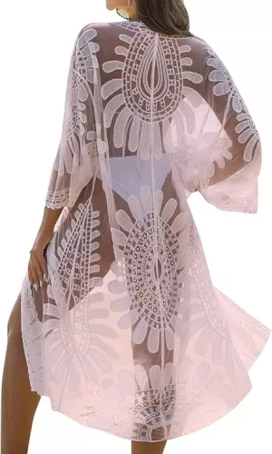 Blooming Jelly Womens Bathing Suit Cover Up 3/4 Sleeve Mesh Swimsuit Coverup Long Floral Beach Lace Kimono Summer Cardigan