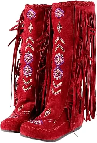 BORAMAX Women's Fringe Western Boots, Suede Embroidered Closure Fringe Mid Calf Knee High Flat Boots Long Snow Tassel Boots
