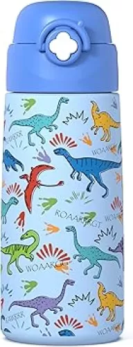 Boys Insulated Water Bottle with Covered Pop-Up Straw, 16 oz Kids Cups with Stainless Steel Leak Proof for School（Blue-Dinosaur）
